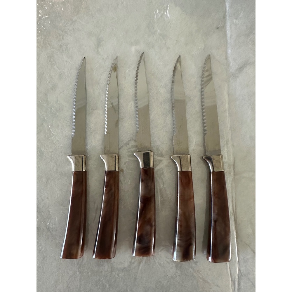 Regent Sheffield Steak Knife Set of 5 Stainless England Faux Tortoise handle